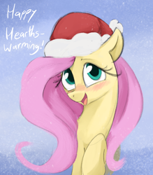 Size: 698x798 | Tagged: safe, artist:dotkwa, imported from derpibooru, fluttershy, pegasus, pony, blushing, christmas, cute, female, hat, holiday, looking at you, mare, open mouth, open smile, santa hat, shyabetes, smiling, smiling at you, solo, talking to viewer