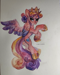 Size: 3000x3750 | Tagged: safe, artist:zlatavector, imported from derpibooru, princess cadance, alicorn, pony, female, high res, looking at you, looking back, mare, princess, traditional art, watercolor painting