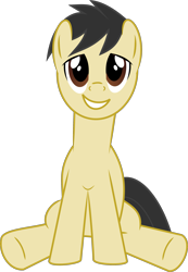 Size: 1873x2702 | Tagged: safe, anonymous artist, derpibooru exclusive, imported from derpibooru, oc, oc only, earth pony, pony, derpibooru community collaboration, .svg available, 2022 community collab, brown eyes, earth pony oc, front view, full body, grin, lidded eyes, male, show accurate, simple background, sitting, smiling, solo, stallion, svg, transparent background, underhoof, vector