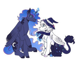 Size: 3000x2400 | Tagged: safe, artist:kikirdcz, imported from derpibooru, princess luna, oc, oc:cosmos, hybrid, clothes, hat, high res, magic, male, scarf, simple background, transparent background, witch hat