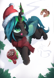 Size: 1597x2298 | Tagged: safe, artist:hitbass, imported from derpibooru, queen chrysalis, changeling, changeling queen, chocolate, christmas, clothes, cute, cutealis, donut, female, food, glowing, glowing horn, hat, holiday, horn, hot chocolate, licking, licking lips, magic, marshmallow, mug, santa hat, scarf, smiling, snow, solo, telekinesis, tongue out, tree, winter