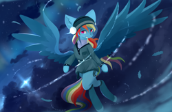 Size: 2560x1680 | Tagged: safe, artist:ssnerdy, imported from derpibooru, rainbow dash, pegasus, pony, beanie, cap, clothes, earmuffs, feather, female, flying, grin, hat, jacket, leggings, mare, night, smiling, snow, solo, spread wings, wind, wings, winter, winter outfit