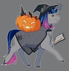 Size: 2000x2057 | Tagged: safe, artist:royvdhel-art, imported from derpibooru, oc, oc only, pony, unicorn, blush sticker, blushing, colored hooves, commission, eyes closed, gray background, halloween, hat, heart, high res, holiday, horn, jack-o-lantern, magic, magic aura, pumpkin, simple background, smiling, unicorn oc, witch hat, ych result