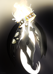 Size: 4961x7016 | Tagged: safe, artist:tenenbris, imported from derpibooru, oc, oc only, oc:meliora, absurd resolution, biblically accurate angels, eyes closed, eyes do not belong there, fire, wide hips, wings