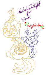 Size: 3174x5159 | Tagged: safe, artist:adorkabletwilightandfriends, imported from derpibooru, moondancer, oc, oc:pinenut, cat, deer, pony, reindeer, unicorn, adorkable, adorkable friends, antlers, back, butt, christmas, christmas tree, clothes, cute, dancerbetes, dork, eyebrows, glasses, happy, hat, hearth's warming, hearth's warming tree, holiday, looking at you, mooningdancer, nerd, nerdy, pet oc, pinebetes, plot, reindeer antlers, scarf, sitting, snowman, sweater, tree