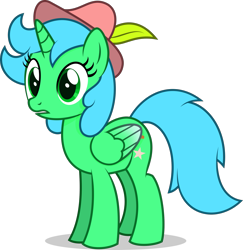 Size: 1853x1905 | Tagged: safe, artist:thatusualguy06, imported from derpibooru, oc, oc only, alicorn, pony, derpibooru community collaboration, 2022 community collab, alicorn oc, colored wings, colored wingtips, feather hat, female, folded wings, full body, green eyes, hat, horn, mare, open mouth, shadow, show accurate, simple background, solo, standing, transparent background, wings