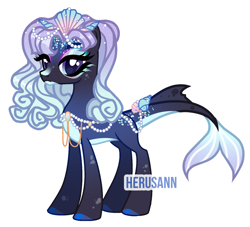 Size: 1581x1437 | Tagged: safe, artist:herusann, imported from derpibooru, oc, oc only, sea pony, base used, eyelashes, female, hoof polish, jewelry, makeup, mare, necklace, pearl necklace, smiling