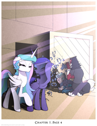 Size: 1200x1552 | Tagged: safe, artist:deusexequus, imported from derpibooru, cozy glow, lord tirek, princess celestia, princess luna, queen chrysalis, alicorn, centaur, changeling, changeling queen, pony, taur, comic:fix, argument in the comments, comic, eyes closed, female, one eye closed, royal sisters, siblings, sisters