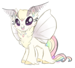 Size: 2583x2321 | Tagged: safe, artist:khimi-chan, imported from derpibooru, oc, oc only, oc:jewel, moth, mothpony, original species, bio in description, chest fluff, eyelashes, female, high res, multicolored hair, rainbow hair, simple background, smiling, white background, wings