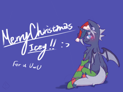 Size: 1024x768 | Tagged: safe, artist:metaruscarlet, imported from derpibooru, oc, oc only, oc:elizabat stormfeather, alicorn, bat pony, bat pony alicorn, pony, alicorn oc, bat pony oc, bat wings, blue background, blushing, christmas, clothes, female, hat, holiday, horn, mare, merry christmas, santa hat, simple background, smiley face, socks, solo, striped socks, uwu, wings