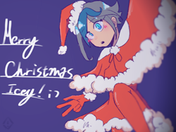 Size: 1024x768 | Tagged: safe, artist:metaruscarlet, imported from derpibooru, oc, oc only, oc:elizabat stormfeather, human, blue background, christmas, clothes, costume, dress, female, gloves, hat, holiday, humanized, humanized oc, merry christmas, santa costume, santa hat, simple background, socks, solo, stockings, thigh highs