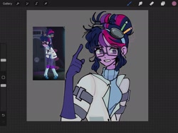 Size: 2048x1536 | Tagged: safe, artist:warnerstan2, imported from derpibooru, sci-twi, twilight sparkle, equestria girls, clothes, female, glasses, gloves, goggles, lab coat, pen, pencil, screencap reference, screenshots, solo