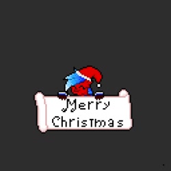 Size: 1280x1280 | Tagged: safe, artist:mariothepixelarter, imported from derpibooru, oc, oc only, pony, christmas, eyes closed, gray background, hat, holiday, merry christmas, pixel art, ponysona, santa hat, sign, simple background, smiling, solo