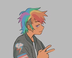 Size: 1329x1079 | Tagged: safe, artist:dinottosaur, imported from derpibooru, rainbow dash, human, equestria girls, bomber jacket, clothes, cutie mark on clothes, female, humanized, jacket, multicolored hair, peace sign, pride, pride flag, rainbow hair, short hair, short hair rainbow dash, simple background, smiling, solo, transgender pride flag