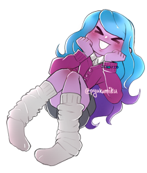 Size: 900x1059 | Tagged: safe, artist:pyukumeru, imported from derpibooru, izzy moonbow, equestria girls, ><, blushing, bracelet, clothes, cute, equestria girls-ified, eyes closed, female, g5, grin, izzybetes, jewelry, missing shoes, my little pony: a new generation, shirt, simple background, skirt, smiling, socks, solo, stocking feet, transparent background