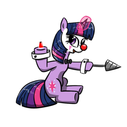 Size: 800x800 | Tagged: safe, artist:twi clown, imported from derpibooru, oc, oc only, oc:twi clown, pony, unicorn, derpibooru community collaboration, 2022 community collab, bowtie, clone, clown, clown makeup, clown nose, drill, female, mare, potion, red nose, simple background, sitting, solo, transparent background