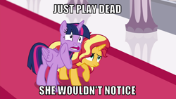 Size: 1066x600 | Tagged: safe, edit, edited screencap, editor:twi clown, imported from derpibooru, screencap, sunset shimmer, twilight sparkle, alicorn, pony, unicorn, equestria girls, equestria girls series, forgotten friendship, caption, duo, female, image macro, mare, playing dead, text, twilight sparkle (alicorn)