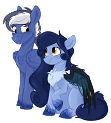 Size: 1198x1333 | Tagged: safe, artist:rutkotka, imported from derpibooru, oc, oc only, oc:maverick, oc:squall splitter, oc:tundra, pegasus, pony, derpibooru community collaboration, 2022 community collab, chest fluff, couple, duo, female, looking at each other, looking at someone, male, mare, pegasus oc, photo, raised hoof, simple background, sitting, smiling, smiling at each other, stallion, straight, transparent background