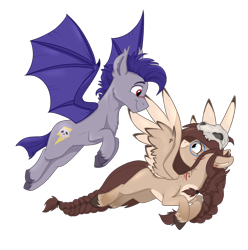 Size: 1986x1999 | Tagged: safe, artist:rutkotka, imported from derpibooru, oc, oc only, oc:ondrea, oc:thunder run, bat pony, pegasus, derpibooru community collaboration, 2022 community collab, braid, braided tail, female, flying, male, oc x oc, shipping, simple background, straight, tail, thundrea, transparent background