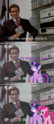 Size: 733x1671 | Tagged: safe, edit, edited screencap, imported from derpibooru, screencap, pinkie pie, twilight sparkle, alicorn, earth pony, human, pony, american psycho, butt, comic, irl, irl human, meme, movie reference, patrick bateman, photo, plot, subtitles, text, twibutt, twilight sparkle (alicorn), vhs