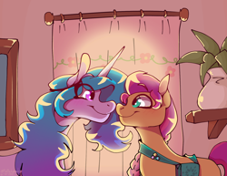 Size: 1792x1384 | Tagged: safe, artist:kattylender, imported from derpibooru, izzy moonbow, sunny starscout, earth pony, pony, unicorn, spoiler:my little pony: a new generation, boop, female, g5, izzyscout, lesbian, looking at each other, looking at someone, my little pony: a new generation, noseboop, plant, shipping, smiling, smiling at each other