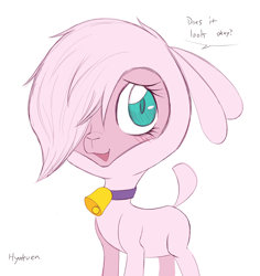 Size: 1720x1819 | Tagged: safe, artist:hyakuen, imported from derpibooru, lamb, sheep, them's fightin' herds, adorapom, alternate hairstyle, blushing, community related, cute, dialogue, female, hair over one eye, looking at you, pom (tfh), shy, simple background, solo, white background