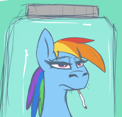 Size: 1404x1344 | Tagged: safe, artist:t72b, imported from derpibooru, rainbow dash, pegasus, pony, cigarette, donut steel, female, frown, funny, funny as hell, green background, jar, lewd container meme, lidded eyes, mare, meme, missing ear, nft, parody, simple background, solo, unamused, whiskers