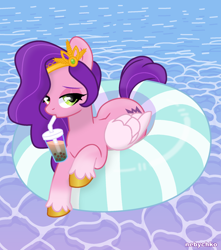 Size: 1694x1920 | Tagged: safe, artist:grapefruit-face, artist:nebychko, imported from derpibooru, pipp petals, pegasus, pony, base used, bubble tea, crown, drink, drinking, drinking straw, floating, g5, inner tube, jewelry, lidded eyes, my little pony: a new generation, pool toy, regalia, sipping, solo, unamused, updated, water