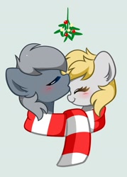 Size: 1412x1972 | Tagged: safe, artist:kittyrosie, imported from derpibooru, derpy hooves, oc, oc:grayscale, pegasus, pony, canon x oc, clothes, commission, cute, derpabetes, duo, eyes closed, holly, kiss on the head, mistleholly, ocbetes, scarf, shared clothing, shared scarf, simple background, striped scarf, ych result