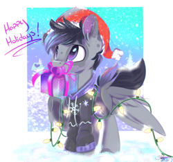 Size: 1280x1200 | Tagged: safe, artist:sketchiix3, imported from derpibooru, oc, oc only, pegasus, pony, christmas, christmas lights, clothes, hat, holiday, mouth hold, present, santa hat, solo, sweater