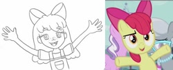 Size: 624x251 | Tagged: safe, artist:jklrxdk, imported from derpibooru, apple bloom, diamond tiara, silver spoon, human, pony, crusaders of the lost mark, comparison, female, freckles, humanized, missing teeth, open mouth, screencap reference, traditional art