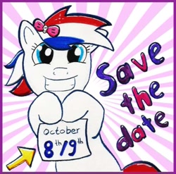 Size: 715x706 | Tagged: safe, imported from derpibooru, oc, oc:britannia (uk ponycon), arrow, bow, holding sign, looking at you, mascot, save the date, smiling, smiling at you, solo, uk ponycon