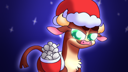 Size: 4240x2400 | Tagged: safe, artist:iceflower99, imported from derpibooru, cow, them's fightin' herds, arizona (tfh), christmas, community related, food, hat, holiday, salt, santa hat, snow, snowball, thumbnail, video at source, video in description