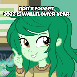 Size: 1080x1080 | Tagged: safe, imported from derpibooru, screencap, wallflower blush, dryad, equestria girls, equestria girls series, forgotten friendship, 2022, caption, cropped, female, fgsfds, grin, happy, image macro, pointing, reminder, smiling, solo, text, wallflower year