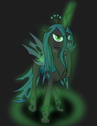 Size: 2153x2786 | Tagged: safe, artist:pustulioooooo, imported from derpibooru, queen chrysalis, changeling, changeling queen, 2012, black background, crown, fangs, female, glowing, glowing horn, high res, horn, jewelry, regalia, simple background, solo