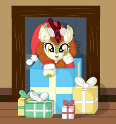 Size: 7476x7954 | Tagged: safe, artist:cyanlightning, imported from derpibooru, autumn blaze, kirin, pony, .svg available, absurd resolution, awwtumn blaze, box, christmas, clothes, costume, cute, door, female, hat, holiday, pony in a box, present, santa costume, santa hat, smiling, solo, vector