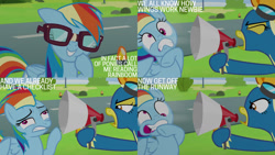 Size: 1280x720 | Tagged: safe, edit, edited screencap, editor:quoterific, imported from derpibooru, screencap, rainbow dash, spitfire, pegasus, pony, newbie dash, season 6, ^^, clothes, eyes closed, female, glasses, goggles, grin, mare, megaphone, open mouth, smiling, uniform, wonderbolts uniform