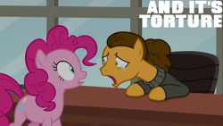 Size: 1280x720 | Tagged: safe, edit, edited screencap, editor:quoterific, imported from derpibooru, screencap, cheese sandwich, pinkie pie, earth pony, pony, season 9, the last laugh, clothes, crying, female, jacket, male, mare, open mouth, sad, stallion