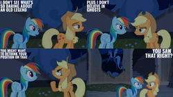 Size: 1280x720 | Tagged: safe, edit, edited screencap, editor:quoterific, imported from derpibooru, screencap, applejack, rainbow dash, earth pony, pegasus, pony, castle mane-ia, season 4, applejack's hat, cowboy hat, female, hat, mare, open mouth