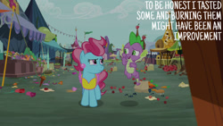 Size: 1280x720 | Tagged: safe, edit, edited screencap, editor:quoterific, imported from derpibooru, screencap, cup cake, spike, dragon, earth pony, pony, season 9, the big mac question, spoiler:s09, female, g4, looking at each other, looking at someone, looking to the right, male, mare, open mouth, open smile, smiling, spread wings, text, winged spike, wings