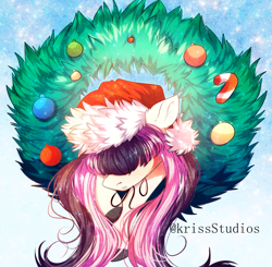 Size: 2548x2500 | Tagged: safe, artist:krissstudios, imported from derpibooru, oc, pony, christmas, christmas wreath, female, hat, high res, holiday, mare, not fluttershy, santa hat, solo, wreath