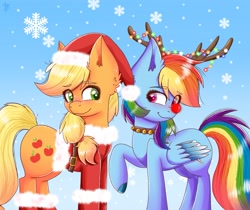 Size: 2419x2035 | Tagged: safe, artist:galaxy swirl, imported from derpibooru, applejack, rainbow dash, earth pony, pegasus, pony, appledash, christmas, clothes, costume, cute, dashabetes, female, hat, high res, holiday, jackabetes, lesbian, reindeer dash, santa costume, santa hat, shipping