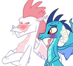 Size: 800x719 | Tagged: artist needed, safe, edit, imported from derpibooru, vector edit, fizzle, princess ember, dragon, blushing, crossed arms, female, fizzlember, husband and wife, male, shipping, simple background, smiling, straight, transparent background, vector