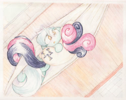 Size: 2985x2370 | Tagged: safe, artist:papersurgery, imported from derpibooru, bon bon, lyra heartstrings, sweetie drops, earth pony, pony, unicorn, female, high res, lesbian, lyrabon, shipping, traditional art, watercolor painting