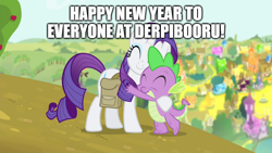 Size: 800x450 | Tagged: safe, edit, edited screencap, imported from derpibooru, screencap, rarity, spike, dragon, pony, unicorn, ^^, apology, caption, comic, duo, eyes closed, hug, image macro, new year, screencap comic, shadow, smiling, standing, tail, text