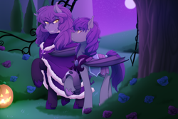 Size: 1280x853 | Tagged: safe, artist:mylittlesheepy, imported from derpibooru, oc, oc only, oc:amelia valkyria, oc:freya, bat pony, pony, bat pony oc, cloak, clothes, duo, fangs, female, flower, halloween, holiday, jack-o-lantern, looking at each other, looking at someone, mother and child, mother and daughter, night, night guard, nightmare night, path, pumpkin, royal gardens, slit pupils, stroll