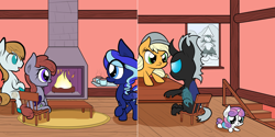 Size: 1602x800 | Tagged: safe, artist:wadusher0, imported from derpibooru, applejack, princess flurry heart, oc, oc:lukida, oc:moonshine dusk, oc:topaz moon, changeling, fireplace