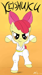 Size: 1080x1920 | Tagged: safe, artist:neko-me, imported from derpibooru, apple bloom, earth pony, pony, bipedal, clothes, female, filly, foal, gi, karatebloom, looking at you, martial arts, solo, text