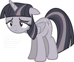 Size: 3985x3304 | Tagged: safe, artist:slb94, artist:wardex101, edit, edited edit, imported from derpibooru, twilight sparkle, alicorn, pony, crying, depressed, discorded, discorded twilight, ears back, female, folded wings, frown, full body, high res, horn, lonely, mare, sad, show accurate, simple background, solo, sorrow, standing, transparent background, twilight sparkle (alicorn), twilight tragedy, vector, wings