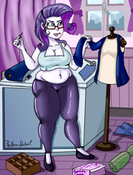 Size: 800x1045 | Tagged: safe, artist:professordoctorc, imported from derpibooru, rarity, equestria girls, belly button, breasts, busty rarity, chubby, cleavage, clothes, female, glasses, midriff, muffin top, pants, rarity's glasses, solo, thick, yoga pants